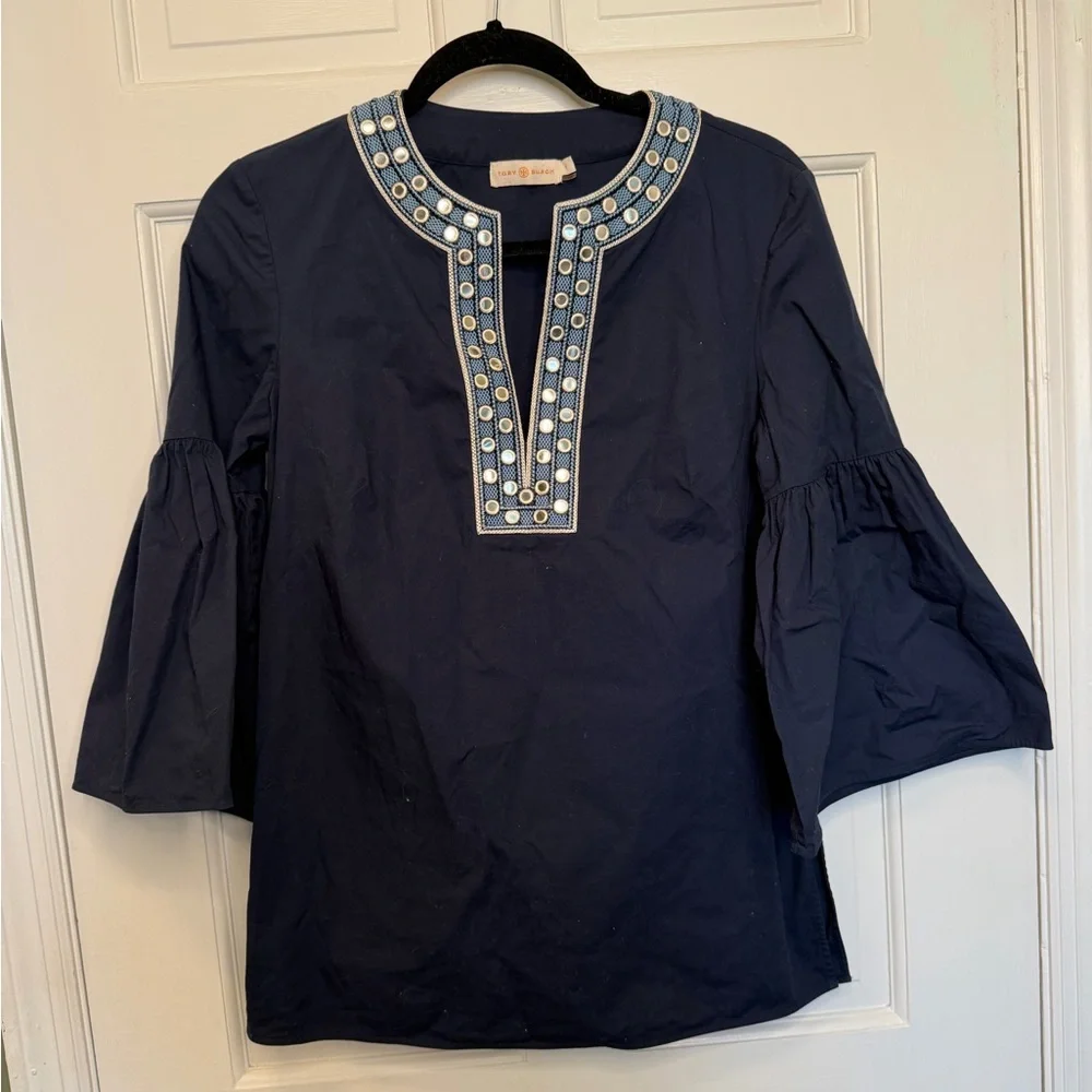 Tory Burch Navy Embellished Tunic Blouse Bell Sleeve Size 4